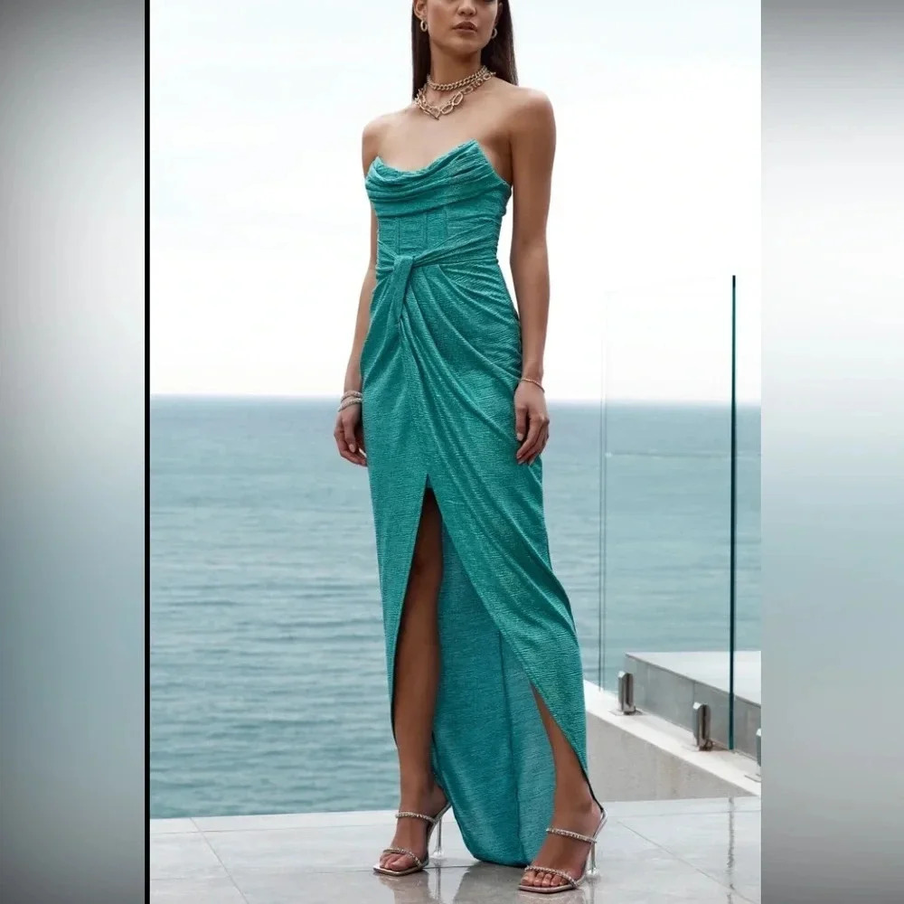 SHOWPO ADRIE MIDI DRESS - STRAPLESS CORSET BODICE DRESS IN TURQUOISE